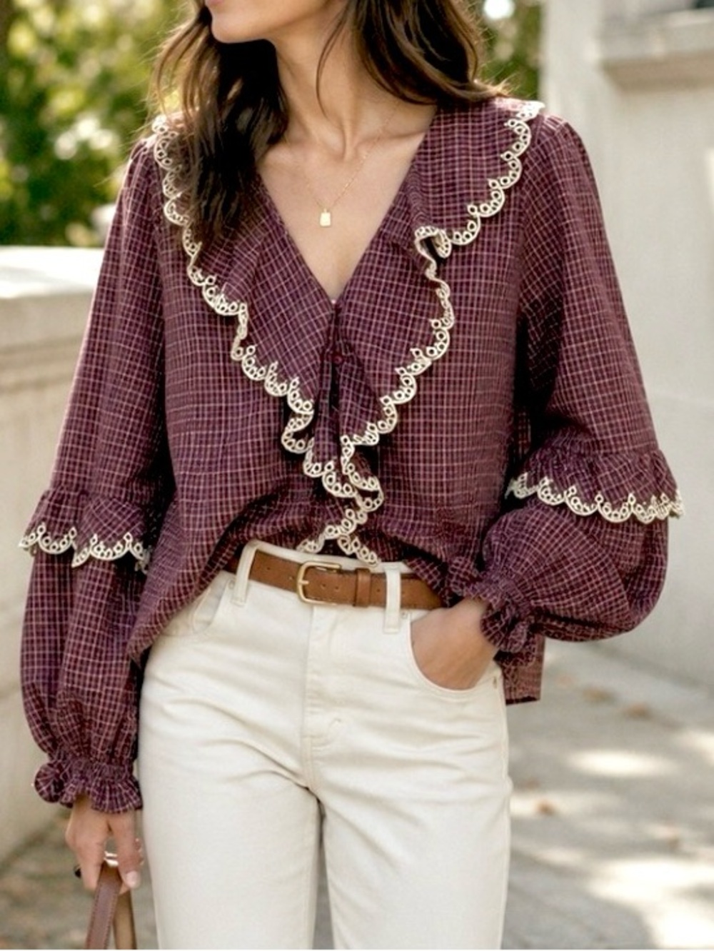 Caroline Constas Ruffled Plaid Embroidered wide long sleeve Cotton blouse size S